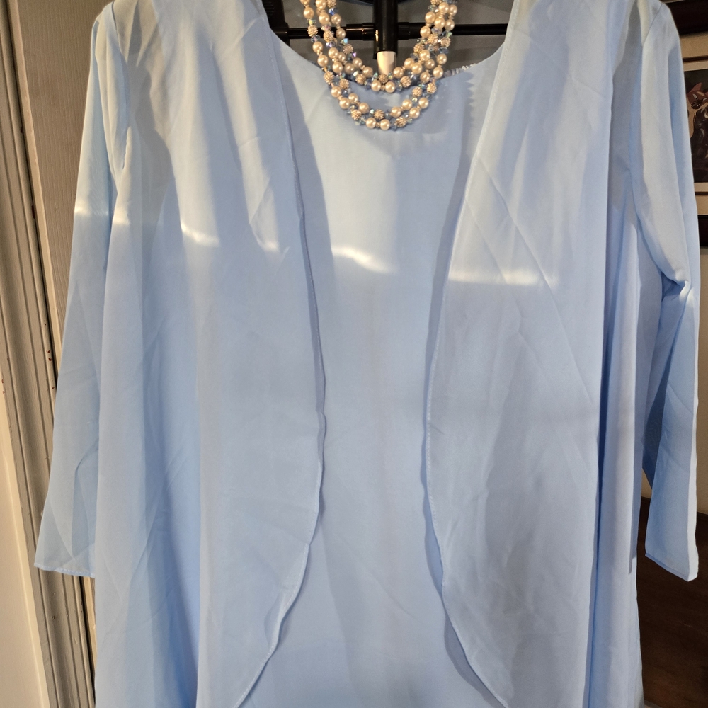 Light Blue Women's Chiffon Layered Tunic and Pant Set - Picture 2 of 5